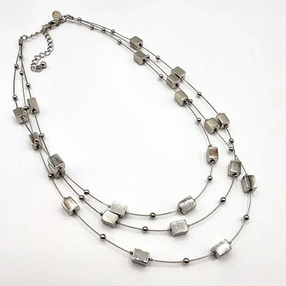 Lia Sophia MAINSTREAM Silver Floating Square Beads Triple Strand Signed Necklace
